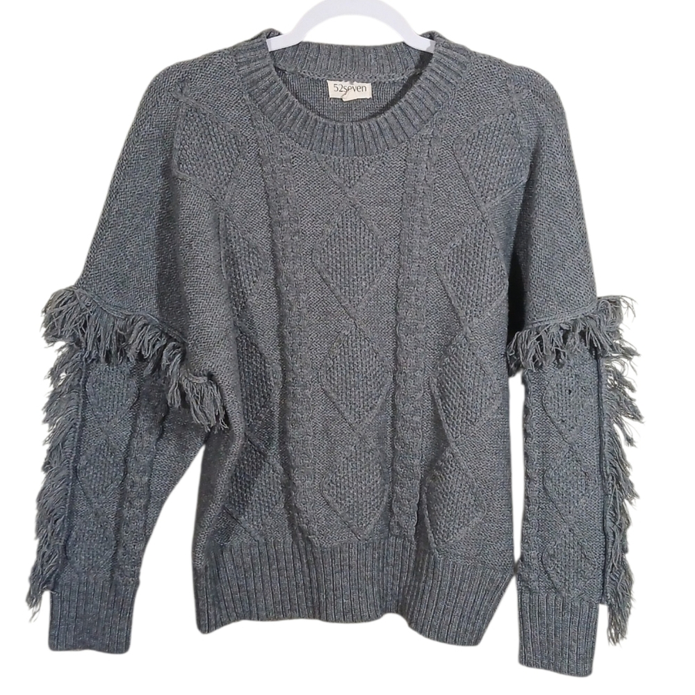 Gray Fringe Cable Knit Cozy Sweater | Western Farmcore